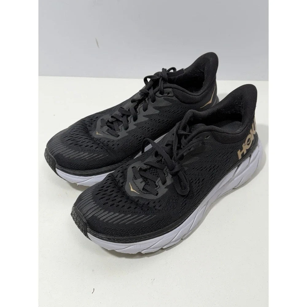 Hoka One One Clifton 7 Shoes Womens Size‎ 8 Black Gold Running Sneaker